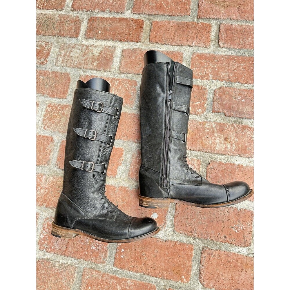 VINTAGE SHOE COMPANY WOMEN MOTORCLE BUCKLES BOOTS‎ BLACK LEATHER MADE IN USA 8.5